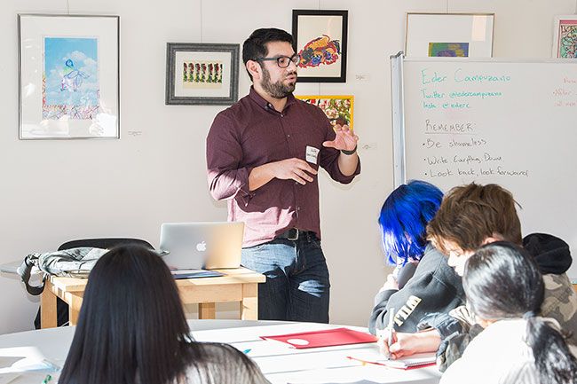 Marcus Larson/News-Register##
Journalist Eder Campuzano leads a session discussing techniques good writers use. Campuzano is a 2005 graduate of MHS. He covered pop culture for the Oregonian and was just named education reporter.