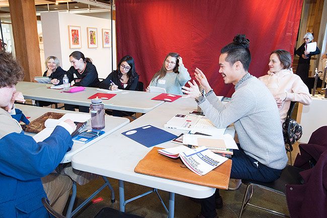 Marcus Larson/News-Register##
Writer Alex Dang addresses writing ideas during a session for Yamhill County students. Students said they picked up numerous techniques and ideas at the Fire Writers Conference, held Monday in Newberg.