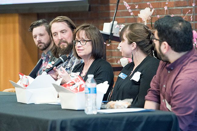 Marcus Larson/News-Register##
Fire Writers conference panelist Teresa Klepinger, a children s author, center, talks about what she does when suffering from writer s block. She suggested joining a writing group or giving  yourself permission to take a break. 