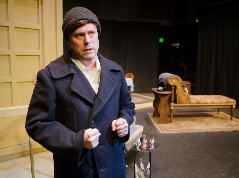 Rockne Roll/News-Register file photo##Tom Wingfield, played by David Bates, delivers his opening monologue during rehearsal for Gallery Theater s production of  The Glass Menagerie,  in January.