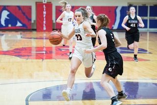 Rusty Rae/News-Register##
Grizzly wing Tori Fox races toward the hoop during Wednesday’s contest against Liberty. Rusty Rae/News-Register##
Grizzly wing Tori Fox races toward the hoop during Wednesday’s contest against Liberty.