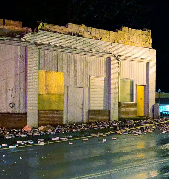 Submitted photo## A section of Bridge St. in downtown Sheridan was strewn with bricks early Sunday morning after part of the Masonic Lodge building collapsed. No one was hurt.