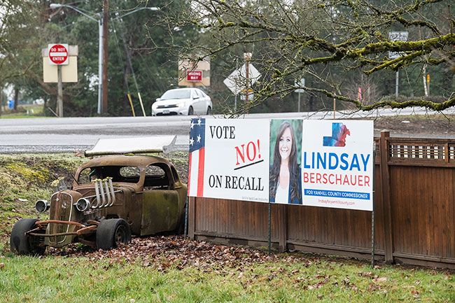 News-Register file photo##Campaign signs either for or against the recall of County Commissioner Lindsay Berschauer were posted throughout the county in February and March leading up to the vote.
