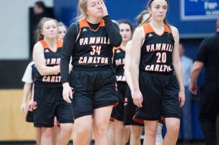 Marcus Larson/News-Register##
Yamhill-Carlton players Sadie Horne (34) and Aliya Seibel walk off the court following another close loss to Blanchet Catholic. Dating back to the 2016-17 season, the Tigers have lost four games to the Cavaliers by a combined 10 points. Marcus Larson/News-Register##
Yamhill-Carlton players Sadie Horne (34) and Aliya Seibel walk off the court following another close loss to Blanchet Catholic. Dating back to the 2016-17 season, the Tigers have lost four games to the Cavaliers by a combined 10 points.
