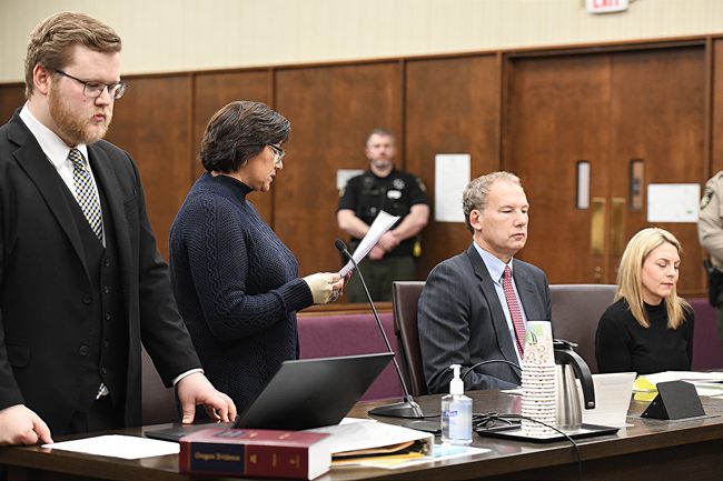 Rusty Rae/News-Register##Anna Marie Ruiz reads a statement on behalf of Meighan Cordie s young daughter  during a plea and sentencing hearing for Cordie s mother, Jennifer Weathers. Yamhill County Deputy District Attorney Benjamin Donner, left, listens.