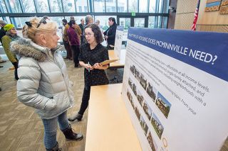 Marcus Larson/News-Register##
Sadie DiNatale, right, askes the opinion of visitor Joni Leonard concerning McMinnville s future housing projects.