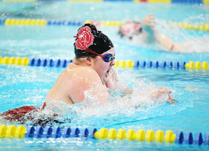 Rockne Roll/News-Register##
Celina Chauvin of McMinnville swims the breaststroke leg of the girls’ 200-yard Individual Medley in the Grizzlies’ regular season finale at the McMinnville Aquatic Center.
