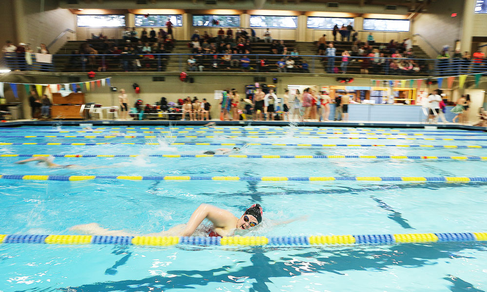 Rockne Roll/News-Register##
Celina Chauvin of McMinnville swims the freestyle leg of the girls’ 200-yard individual medley in the Grizzlies’ regular-season finale against McKay at the McMinnville Aquatic Center.
