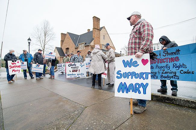 Marcus Larson/News-Register##A large group gathered in front of the Yamhill County Courthouse in February to counter a planned protest of Commissioner Lindsay Berschauer’s treatment of county staff during a debate on the Yamhelas Westsider Trail. The original protest group responded by canceling due to safety concerns.