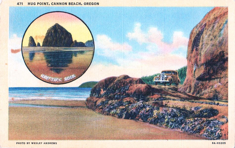 A Cannon Beach postcard sent to McMinnville in 1946, of section of road where cliffside meets tide pools, no longer accessible to vehicles,