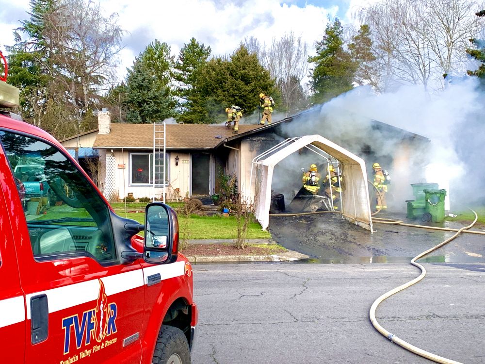 Photos courtesy Tualatin Valley Fire & Rescue##A Pinehurst Drive home in Newberg was heavily damaged by a fire Tuesday.