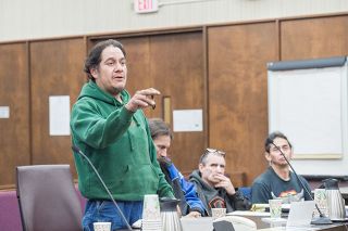 Rusty Rae/News-Register##
Brian Suverly asks a question of a witness during the eviction trial Friday. He and others who ve been living at 7351 N.E. Hendricks Road, Carlton, said they d been too busy defending themselves to start moving from the site.