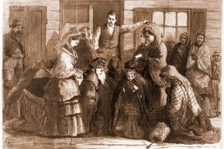 Image: Library of Congress ## This drawing, from Frank Leslie’s Weekly, shows the Ohio women who were the Portland temperance workers’ primary inspiration, singing and praying before a saloon in early 1874. This scene, drawn by S.B. Morton, is set in Logan, Ohio.