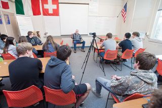 Marcus Larson/News-Register##
Vietnam veteran Robert Moxley talks to a Yamhill-Carlton High School class about his experiences as a Marine in battle. He was shot, peppered with schrapnel and bayonetted in Vietnam.