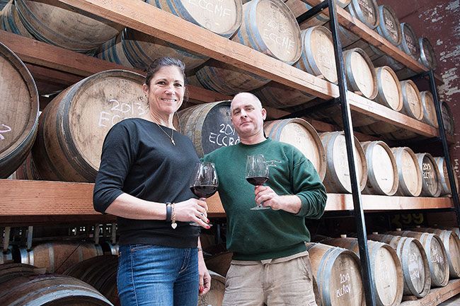 News-Register file photo/Marcus Larson##Owner Elizabeth “Liz” Chambers and winemaker Michael Stevenson toast the launching of Elizabeth Chambers Cellar at the winery’s historic facility in McMinnville in 2014.