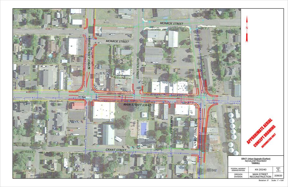 Map supplied by ODOT##
ODOT plans to rebuild the sectionof Highway 47 that runs through downtown Carlton unless citizens push for a different route by early April.