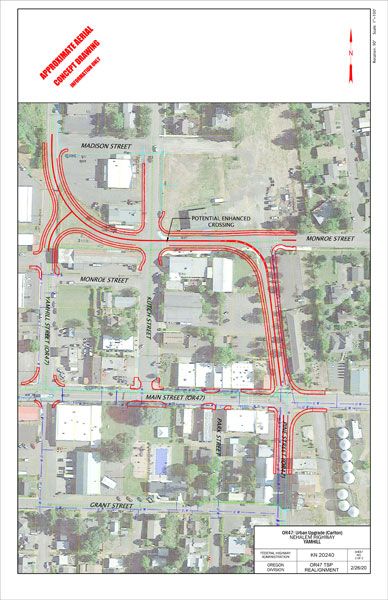 Map supplied by ODOT##
A proposed reroute of Highway 47 in Carlton would take northbound traffic farther north on Pine Street, rather than turning to go through downtown. Traffic would turn on Monroe Street instead, then go through a gentle curve to return to the state highway at the north end of town. Southbound traffic would use the same route in reverse.
