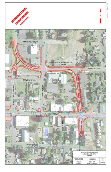 Map supplied by ODOT##
A proposed reroute of Highway 47 in Carlton would take northbound traffic farther north on Pine Street, rather than turning to go through downtown. Traffic would turn on Monroe Street instead, then go through a gentle curve to return to the state highway at the north end of town. Southbound traffic would use the same route in reverse.