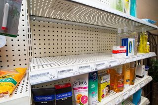 Marcus Larson/News-Register##
At Mac Prescription Shop, soap and hand sanitizer shelves were empty Monday. Many McMinnville stores sold out over the weekend.