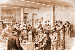 UO Libraries ## A lithograph of the scene on a bleary Saturday morning in the Portland city jail, published in The West Shore magazine in 1888.