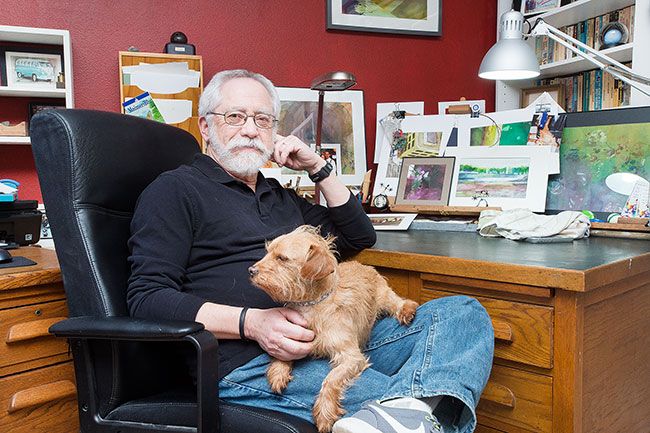 Marcus Larson/News-Register##Dan Homeres often paints in his home office, which he also uses when writing poetry and fiction. Zelig, a Cairn terrier-dachshund mix, is his assistant.