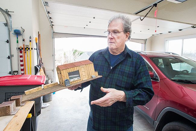 Marcus Larson/News-Register ## Dunk built a miniature 1920s-era casket maker’s office, which he plans to use in the town he’s creating to surround his outdoor model railroad.