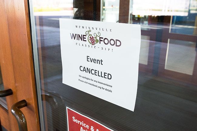 Marcus Larson/News-Register##
A sign posted Thursday on the door of the Evergreen Space Museum notifies visitors that annual Wine & Food Classic has been canceled due to concerns about the spread of coronavirus. Organizers decided to call off the Classic Wednesday night, less than 48 hours before it was to open, after the governor said events attracting more than 250 people should be shuttered.