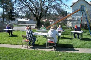 Submitted photo##The Willamina City Council met outside Tuesday afternoon. Submitted photo##The Willamina City Council met outside Tuesday afternoon.