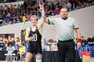 Marcus Larson/News-Register##
Dayton’s Travis Sherman points to members of his family after claiming his first state title in the 3A 138-pound class. Marcus Larson/News-Register##
Dayton’s Travis Sherman points to members of his family after claiming his first state title in the 3A 138-pound class.