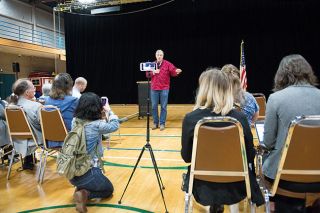Rusty Rae/News-Register##
Senator Jeff Merkley answers a question from one of the 150 people who attended his town hall in the McMinnville Community Center. He was recorded and photographed during the 70-minute session. Rusty Rae/News-Register##
Senator Jeff Merkley answers a question from one of the 150 people who attended his town hall in the McMinnville Community Center. He was recorded and photographed during the 70-minute session.