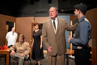Rachel Thompson/News-Register##In Gallery Theater’s production of “Harvey,” Elwood P. Dowd (Walt Haight, center) thanks his taxi driver (Gabe Cook) as he makes his case to the judge (Roman Martinez, seated) that Harvey is real. Listening are Dr. Chumley (David Bates) and Elwood’s sister, Veta (Holly Spencer). The comedy opens Friday, March 31, with shows at 7:30 p.m. Friday and Saturday and 2 p.m. Sunday through April 16. Call 503-472-2227 for reservations.