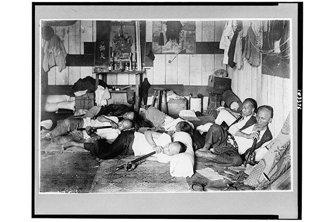 ##The British drove the opium trade throughout Asia from the late 1700s to early 1900s. Pictured here, from Library of Congress files, is one of the ugly results — an opium den operating openly in Manila, Philippines.