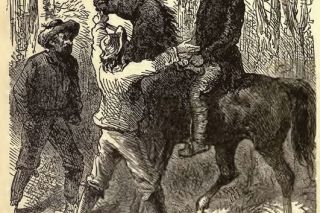Image: Schribner & Sons##An illustration from an 1874 book about circuit riders shows a mining-camp preacher being accosted by two hostile miners demanding that he leave.