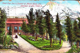 Image: Postcard ## This postcard image, from a note mailed in 1909, shows the tiny Cloud Cap Inn on Mount Hood, with the peak behind. Built in 1889, the Cloud Cap was the only hotel onthe mountain until Timberline was built, and after guests started arriving in cars rather than on horses, it proved woefully inadequate to serve the demand for lodgings there.