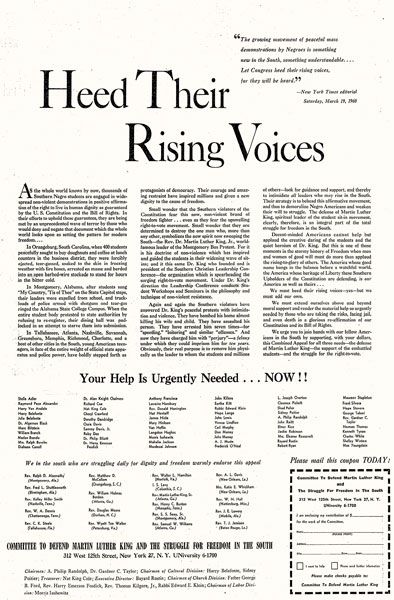 A 1960 advertisement in The New York Times sought donations to help pay Martin Luther King Jr.’s legal costs. A subsequent defamation lawsuit led to the U.S. Supreme Court’s landmark New York Times v. Sullivan decision.