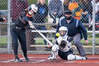 Marcus Larson/News-Register##
Yamhill-Carlton’s Maddy Tuning cranks an RBI single to left field during Tuesday’s 13-55 win over Dayton.