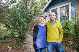 Marcus Larson/News-Register##Kate Pabst and Jonathan Taylor enjoy learning about their new property and the plants growing there. They received the McMinnville Garden Club’s Yard of the Month award for April. Marcus Larson/News-Register##Kate Pabst and Jonathan Taylor enjoy learning about their new property and the plants growing there. They received the McMinnville Garden Club’s Yard of the Month award for April.