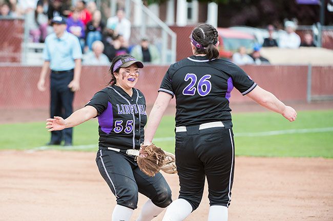 Marcus Larson/News-Register file photo##
Linfield third baseman Chelsea Horita (55) celebrates with starting pitcher Shelby Saylors(26) during last year’s DIII Super Regional. Horita and her fellow seniors watched their season end abruptly due to coronavirus concerns, but the eight veterans have exciting plans for the future.