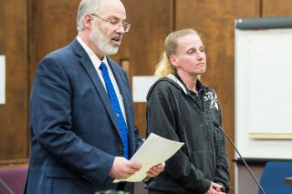 Marcus Larson/News-Register##Amber Rocco, accompanied by McMinnville attorney Mark Lawrence, at her plea and sentencing hearing Tuesday afternoon in Yamhill County Circuit Court.