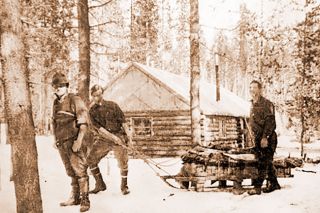 Image: Central Oregon Books ## Dewey Morris, Roy Wilson, and Ed Nickols with their cargo sled outside the cabin by Little Lava Lake. This photo was probably taken when Morris and Wilson were dropped off at the cabin to spend the winter with Nickols. This was probably the sled that was used to transport their bodies to Lava Lake for disposal early the next year.