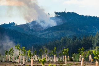 Marcus Larson/News-Register##A slash burn raged out of control Tuesday afternoon on Northwest High Heaven Road. Multiple agencies responded.