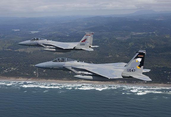 Submitted photo##Oregon Air National Guard F-15 Eagles assigned to the 142nd Wing and 173rd Fighter Wing fly along the Oregon Coast.