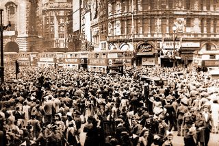 Sgt. James A. Spence photo/Wikimedia Commons##
Crowds of people flood into London’s Piccadilly Circus on May 8, 1945, to celebrate
the end of World War II in Europe.
