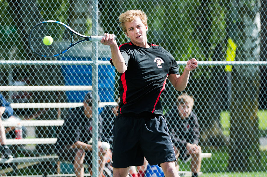 Marcus Larson/News-Register##
McMinnville’s Cooper Rich in action Saturday against Mountain View in a non-league tune-up for the Greater Valley Conference district tournament which began Wednesday at a combination of Linfield and the Grizzlies’ tennis courts. The tournament will determine league champs and state tournament qualifiers.
