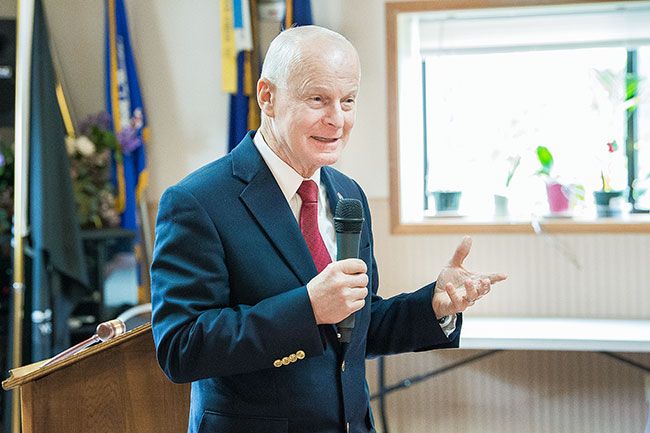 Marcus Larson/News-Register file photo##Dennis Richardson speaking in May 2018 to the Yamhill County Republican Women.