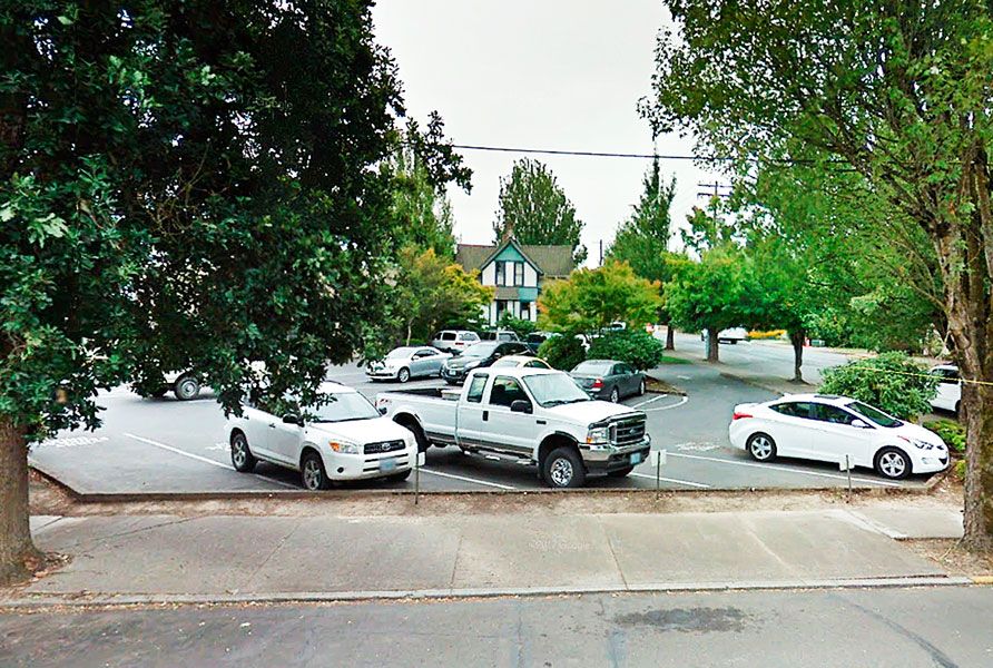 ## First Federal Lot: Nicely landscaped and always clean. In the old days, people didn’t mind seeing vehicles across a sidewalk that now features a colorful lineup of urban homeless campers.