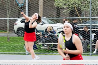 Marcus Larson/News-Register file photo##
McMinnville’s Alex Armenta (left) and Jackie Denley, pictured during a league match earlier in the season, recently advanced to the district quarterfinals during the Class 6A Pacific Conference Girls Tennis Championships at Century High School.
