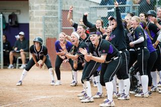 Marcus Larson/News-Register##
Linfield Wildcats softball players cheer for teammate Darian Stedman as she jogs to home plate after hitting a three-run home run in extra innings of Game One. Unfortunately, the ‘Cats came up short, losing the game 6-5. Marcus Larson/News-Register##
Linfield Wildcats softball players cheer for teammate Darian Stedman as she jogs to home plate after hitting a three-run home run in extra innings of Game One. Unfortunately, the ‘Cats came up short, losing the game 6-5.