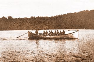 Oregon Historical Society ## 
A rescue lifeboat of the type common in the mid-1880s, being used in a practice drill.