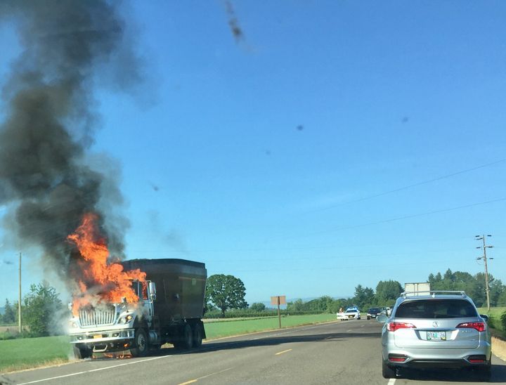 Photo submitted by Scott Nelson##A truck fire closed Highway 18, east of McMinnville Municipal Airport, early Friday morning.